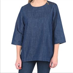 MARTHA STEWART Dark Blue Denim Zipper Shoulder Blouse